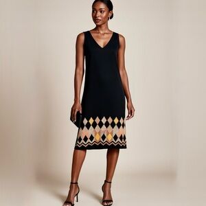 French Connection Art Deco Beaded Hem Shift Dress Sleek Black Evening Style~6💛